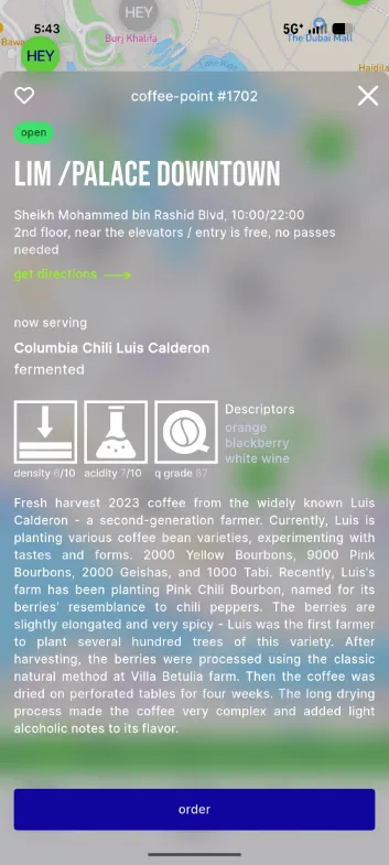 HEYLIM app showing nearby autonomous cafés