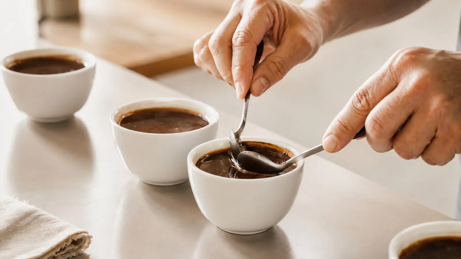 A coffee taster breaking the crust during a cupping