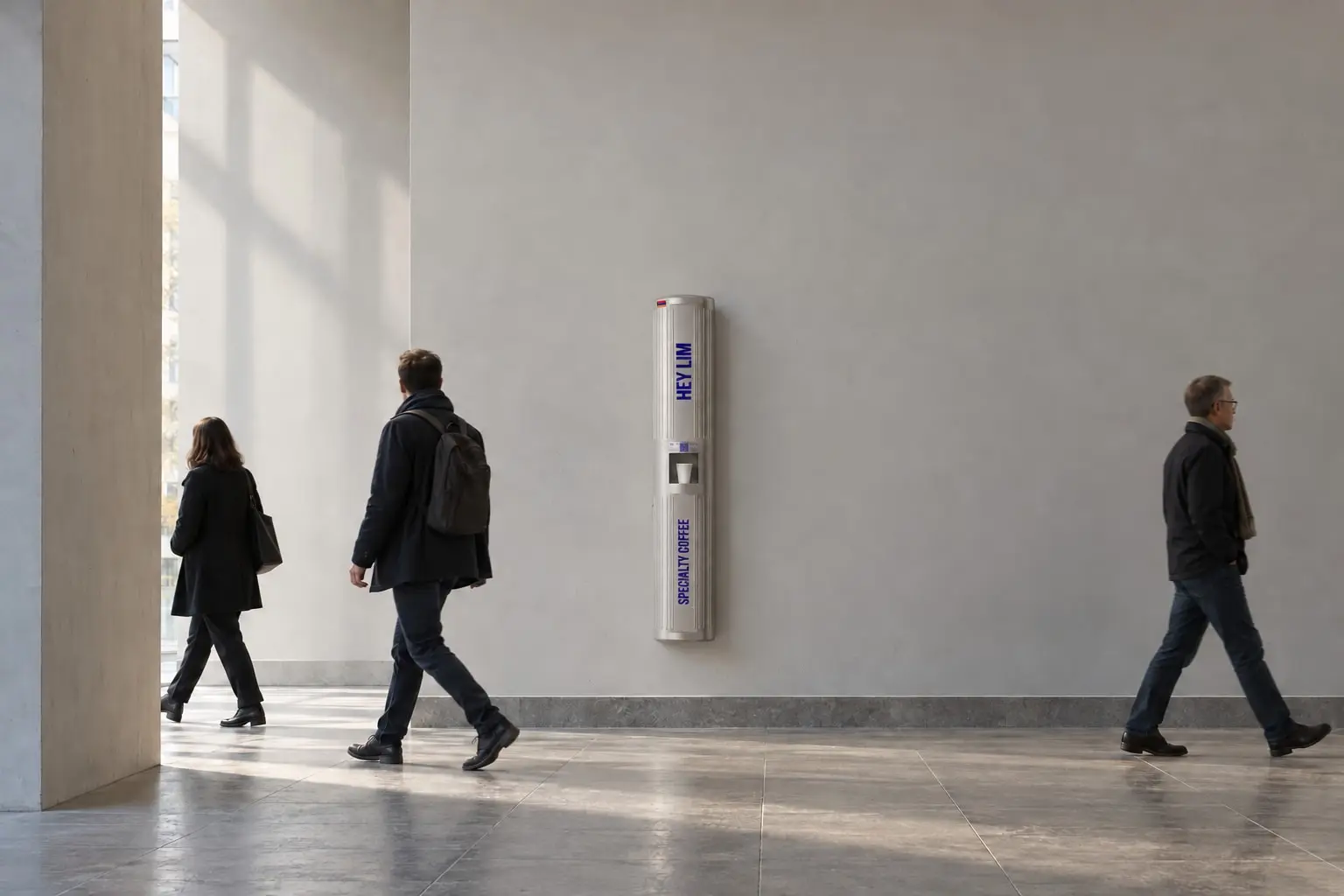 A HEYLIM coffee pillar standing in a quiet, minimal corridor